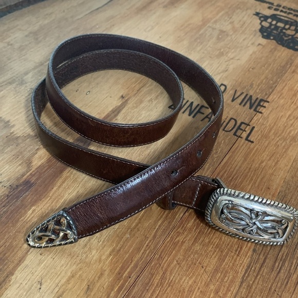 Brighton | Vintage 1995 Brown Leather Silver Celtic Knot Scroll Buckle Belt L - Picture 1 of 14